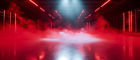 Fototapeta na wymiar Red Ice Rink Background. Professional Arena illuminated red neon lights, spotlights with smoke. Copyspace. Winter poster for hockey competitions. Ice skating. Stadium. Generative ai 