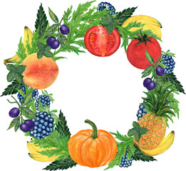 Watercolor fruit and vegetables frame banner border label pattern greetings collection