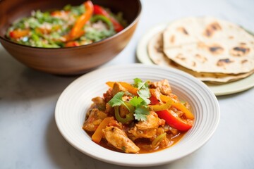 kadai chicken with bell peppers served with flatbread