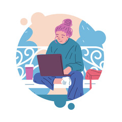 Freelancer works at laptop remotely at park, flat vector illustration isolated.