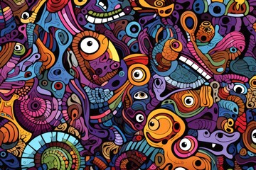 Naklejka premium Cartoon cute doodles of abstract surreal shapes and forms, intricately arranged to create a seamless and detailed pattern, Generative AI 