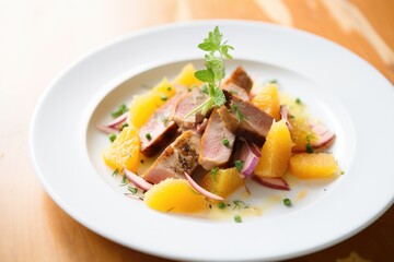 diced orange and thyme around plated duck dish