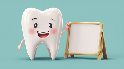 A molar tooth cute cartoon character points at a blank whiteboard, for kids, children dental clinic poster
