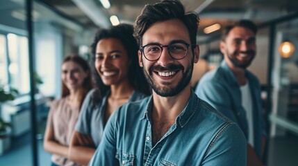 Fototapeta premium Group of business people happy, smiling in office by window.