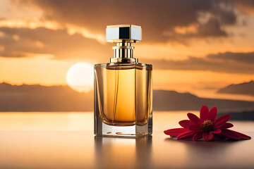 golden precious perfume container , expensive cosmetics branding template , minimal landscape background