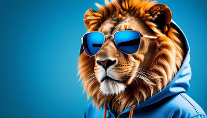 Lion in Hoodie with sun shades on blue background