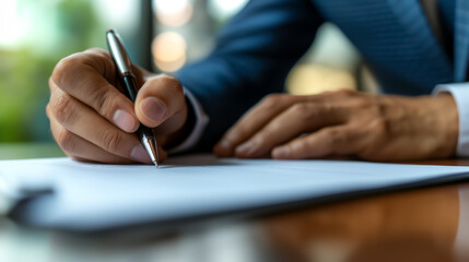 A businessman carefully sign a contract