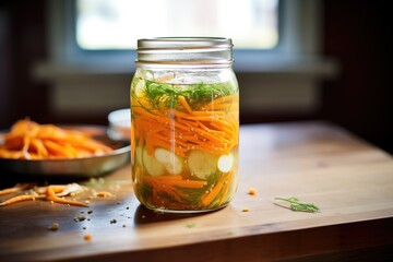 bubbling action visible in a jar of actively fermenting carrots and ginger