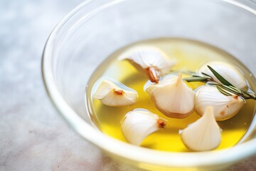 Fototapeta na wymiar fermented garlic cloves in olive oil, close-up