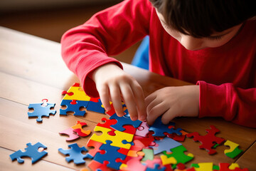 Focused child assembling colorful jigsaw puzzle pieces