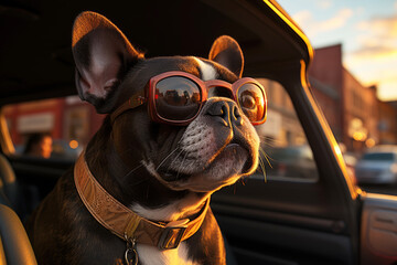 A fashionable bulldog in stylish sunglasses sits in a car at sunset. Traveling by car with pets concept.