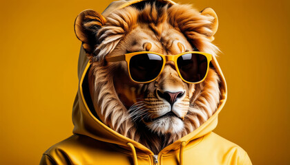 Lion in Hoodie with sun shades on yellow background
