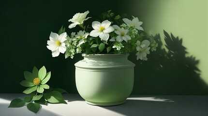 Flowers in a green vase on a green background