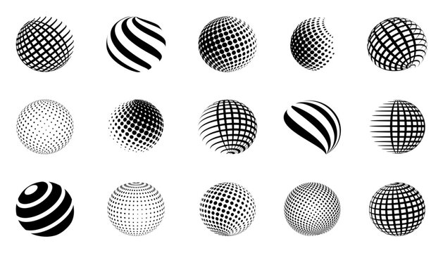 Abstract globe planet collection in different style. 3D spheres logo set, geometric shapes collection. Abstract gradient dotted texture globe elements