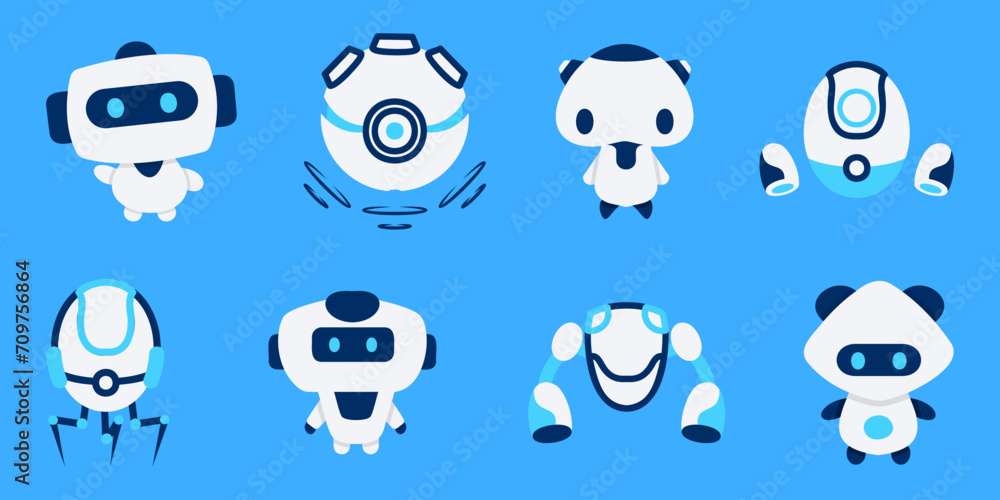 Poster Robot character icons in a flat design. Chat bot sign for support service. Cartoon robot icons