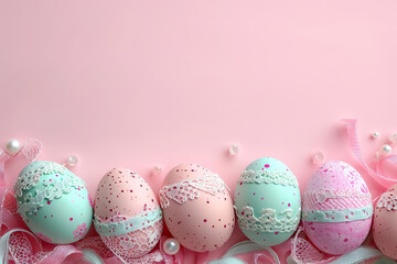 Fototapeta na wymiar Easter eggs adorned with lace and pearls on pale pink background