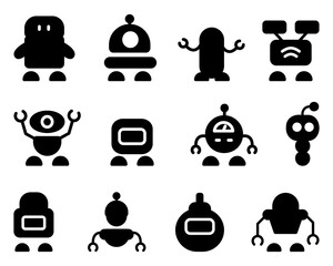 Black robot character icon collection. Set of robot technology character artificial machine icons. AI virtual robot head line icons