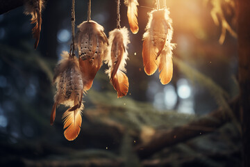 Penas de coruja pendentes na floresta sobre a luz do sol - Papel de aprede - obrazy, fototapety, plakaty