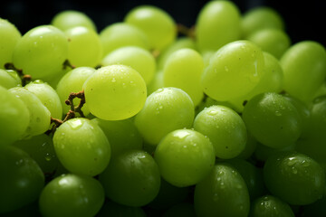 Cacho de uvas verdes com gotas de agua isolado no fundo preto - Macro 