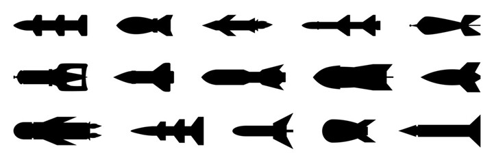 Black missile icon collection. Combat rocket weapons. Set of weapon and rocket symbol. Missile silhouette collection - obrazy, fototapety, plakaty
