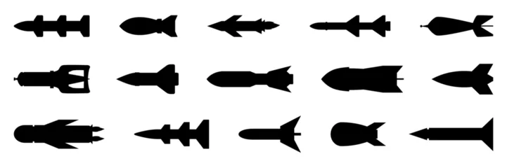 Fotobehang Black missile icon collection. Combat rocket weapons. Set of weapon and rocket symbol. Missile silhouette collection © top dog
