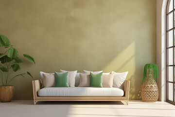 Sofá bege claro com almofadas beges e verdes capim limão e ao fundo uma parede lisa verde - Sala de estar moderna com plantas - obrazy, fototapety, plakaty
