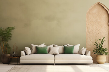 Sofá bege claro com almofadas beges e verdes capim limão e ao fundo uma parede lisa verde - Sala de estar moderna com plantas