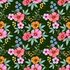Beautiful blooming flowers design on green color background seamless pattern. Can be used for fabric textile wallpaper.