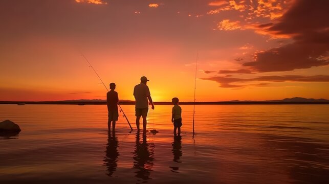 Silhouette of dad and son fishing on sunset Family dad and two sons are fishing at sunset, silhouette of a man and two boys