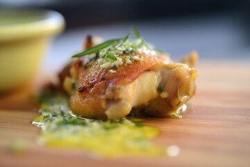 chicken with herb butter melting on top, close-up