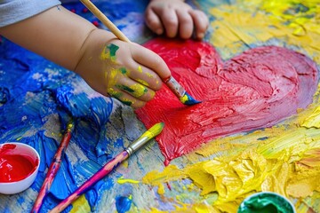 Creative kid painting heart with bright colors and brush