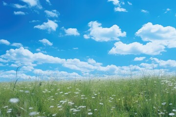 A field of white flowers is depicted under a blue sky with clouds. The flowers grow in dense rows, creating a pattern that resembles waves. In the foreground of the photograph.