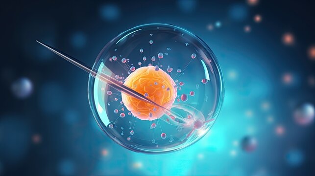 3D Illustration of In Vitro Fertilization. Fertilized egg cell and needle realistic