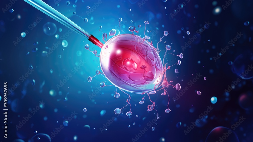 Wall mural 3d illustration of in vitro fertilization. fertilized egg cell and needle realistic