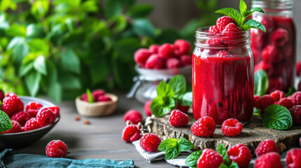 Healthy raspberry smoothie on rustic wooden board, served outside in green summer garden
