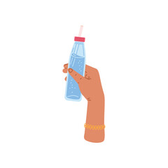 Hand holding a bottle of water with straw, vector illustration isolated on white.