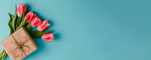 Mother's day concept - fresh beautiful tulips and present on solid color background