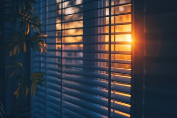 Sunset through window blinds, abstract background. Generative AI