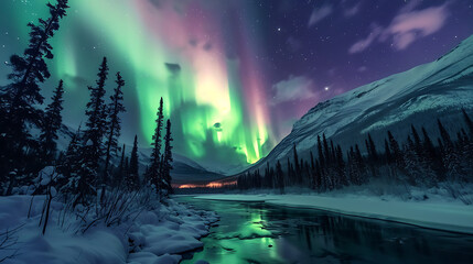 aurora borealis in the mountains, forest and lake. - 
The awe-inspiring sight of auroras in the...