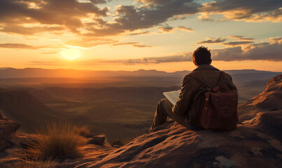 Man Reading Studying Bible Book Mountain Landscape - obrazy, fototapety, plakaty