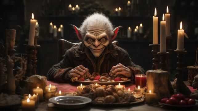Creepy goblin sitting at the table with candles and torn off small faces