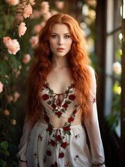 Young red-haired woman in a room decorated with flowers