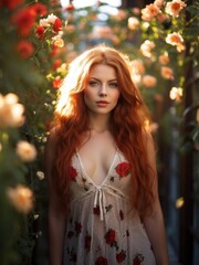 Young redhead woman in a room decorated with flowers