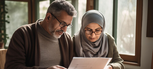 Muslim Couple Man and Woman Worried Reading Letter - obrazy, fototapety, plakaty