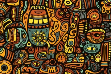 Cartoon cute doodles illustrating African tribal motifs and symbols, seamlessly integrated into a captivating and culturally rich seamless design, Generative AI