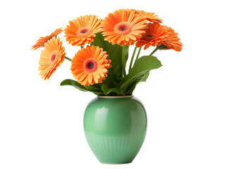 Orange Gerbera Flower in Green Vase, isolated on a transparent or white background