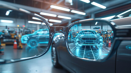 Enchanted View: Unveiling a Futuristic Workshop Through Magical Lenses - magical glasses that reveal a futuristic and advanced version of the workshop, outside the lenses remains a normal. 