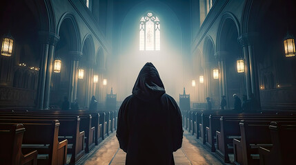Hooded person standing alone in church main space. Postproducted generative AI illustration. - obrazy, fototapety, plakaty