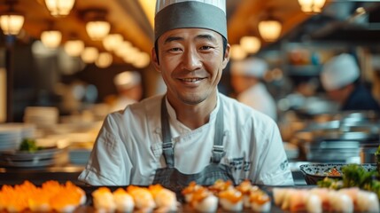 Obraz premium Chef in Japanese restaurant, japanese chef cooking in a kitchen 
