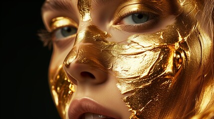 Fashion editorial Concept.  Closeup portrait of beautiful woman girl high fashion striking gold glitter shimmer. in golden flowing thick fluid gel paint illuminated with dynamic composition and dramat